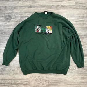 90s Space Jam Warner Bros Licensed Embroidered Green Crewneck Sweatshirt 2X